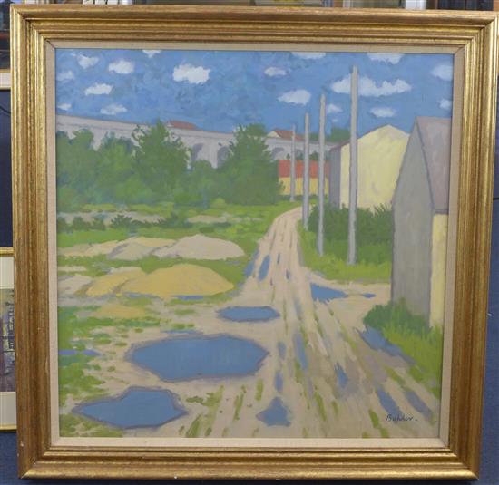 § Robert Buhler (1916-1989) Track leading to a viaduct, 30 x 30in.